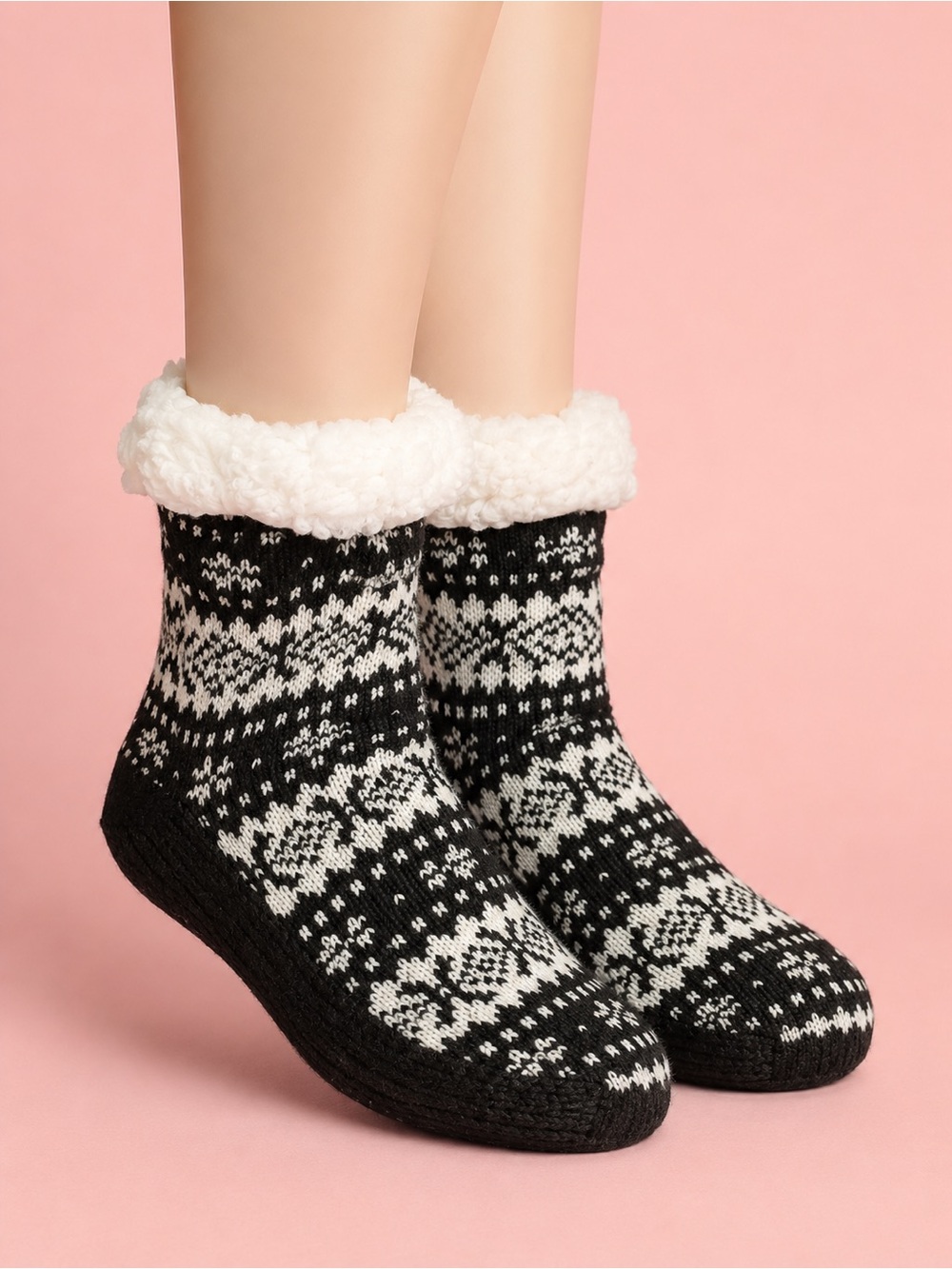 Muk Luks Black and White Fair Isle Sherpa-Lined Slipper Socks